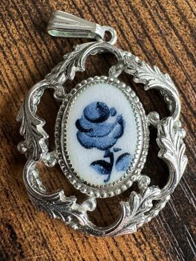 Whiting and Davis Vintage Blue Rose with Silver Filagree Pendant, No Chain